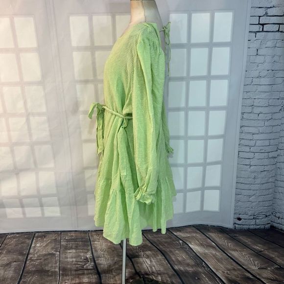 Eloquii NWT lime green long sleeve tie waist mini ruffle hem dress size 26 - Picture 8 of 12
